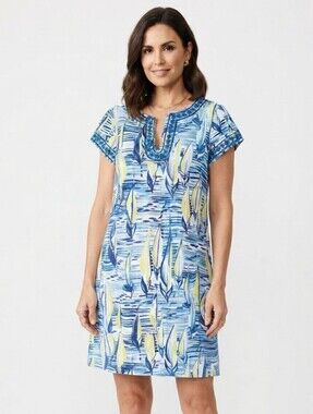 Pappagallo Cotton Nautical Print Short Sleeve Embroidered Dress Lined Size 10